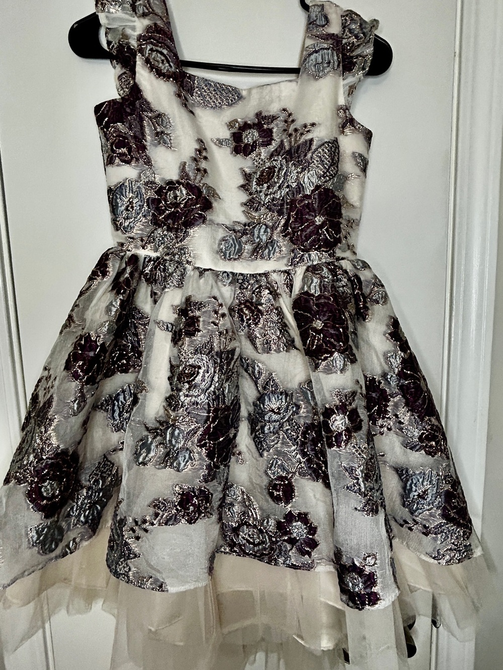 Rare Editions Ivory Dress with Plum and Silver Floral Embroidery